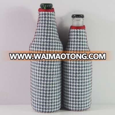 Customized Pattern Free Stock Samples Grey Checks Neoprene Beer Bottle Holders Insulated Beer Can Cooler Holder